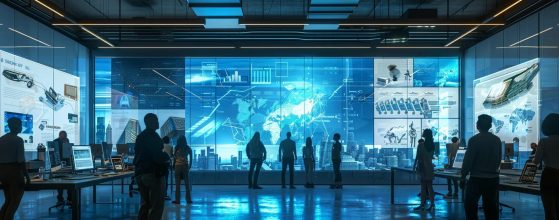 a futuristic office filled with sleek digital displays showcases dynamic ai design tools, as a diverse group of professionals collaboratively visualise innovative architectural plans for the construction industry.