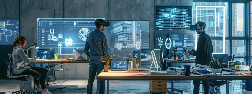 a futuristic urban office environment showcases architects engaged in immersive virtual reality discussions, surrounded by sleek digital blueprints and architectural models that highlight the innovative integration of ai technology.
