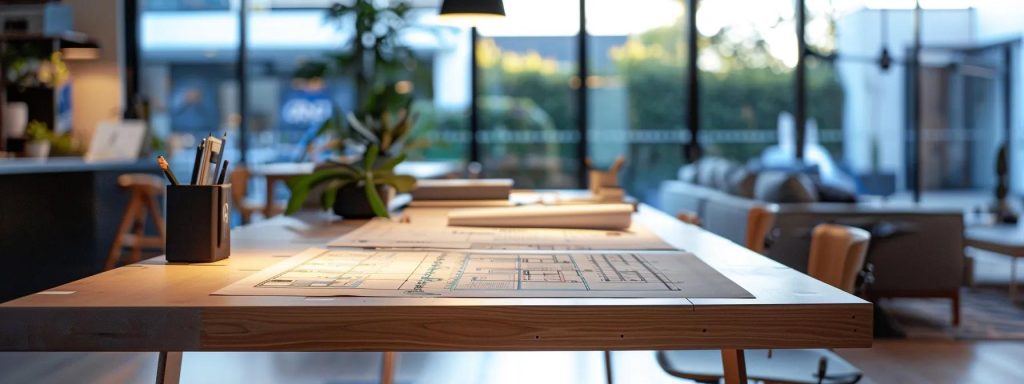 a modern architect's office in cardiff, featuring a sleek, minimalist workspace with architectural plans spread across a large table, illuminated by bright artificial lighting, showcasing professionals engaged in a discussion about fees and contract details.