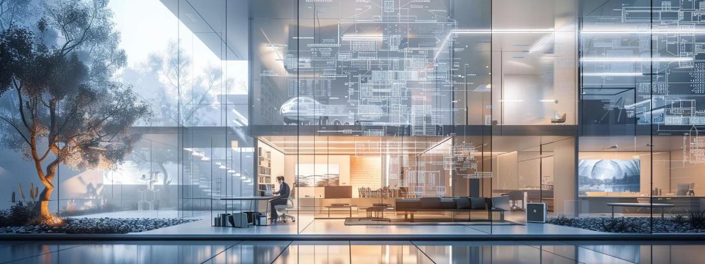 a modern architectural office bathed in soft artificial light, showcasing an architect immersed in a dynamic virtual reality landscape, surrounded by digital blueprints and ai design interfaces that vividly illustrate the innovative integration of technology in contemporary design practices.
