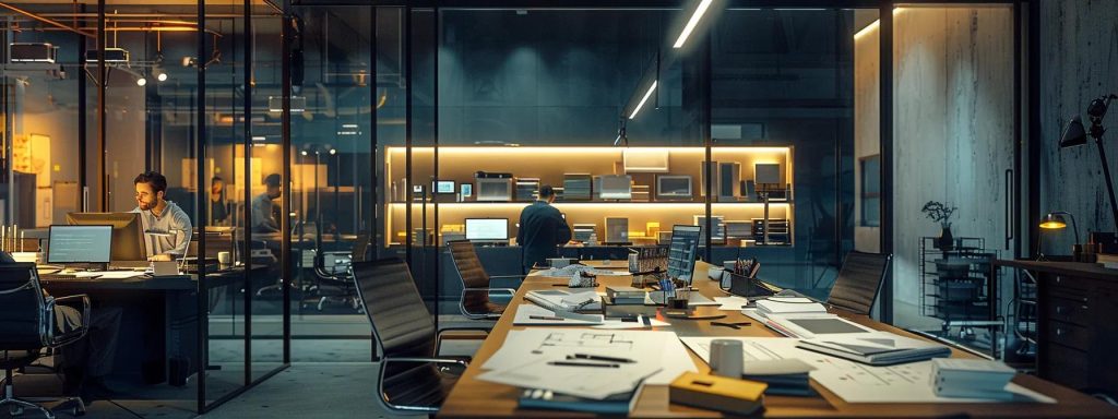 a modern architectural office bustling with activity, showcasing architects engaged in detailed discussions over 3d renderings and project plans, illuminated by sleek artificial lighting that highlights high-tech design tools and an array of construction blueprints on the conference table.