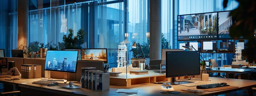 a modern architectural office bustling with activity, showcasing innovative design concepts on sleek digital screens, surrounded by models of sustainable buildings and collaborative workspaces illuminated by warm, ambient lighting.