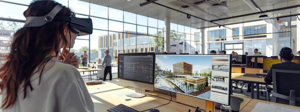 a modern architectural office showcases a client engaged in an immersive virtual reality session, vividly exploring a digital 3d model of a proposed building design, surrounded by sleek technology and detailed architectural plans.