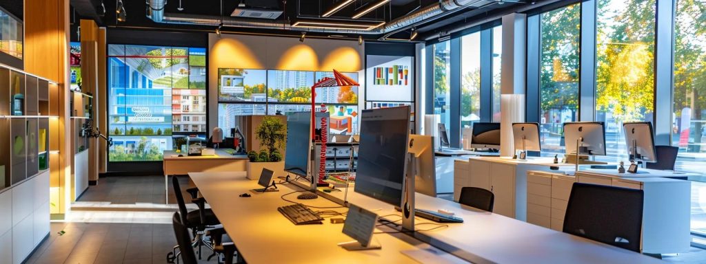 a modern architectural office showcasing sleek, sustainable design models, with digital screens displaying eco-friendly building solutions in an innovative, urban workspace filled with vibrant colour and dynamic energy.