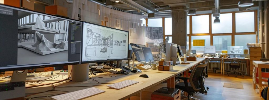 a modern architectural studio in cardiff, bustling with digital screens displaying intricate 3d models and blueprints, showcases advanced technological tools transforming abstract visions into striking visual representations.