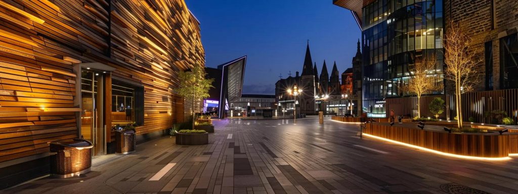 a modern cardiff cityscape showcases a striking blend of traditional slate and wood structures alongside innovative, smart concrete buildings, illuminated by sleek urban lighting to highlight the synergy of historical and contemporary architectural techniques.