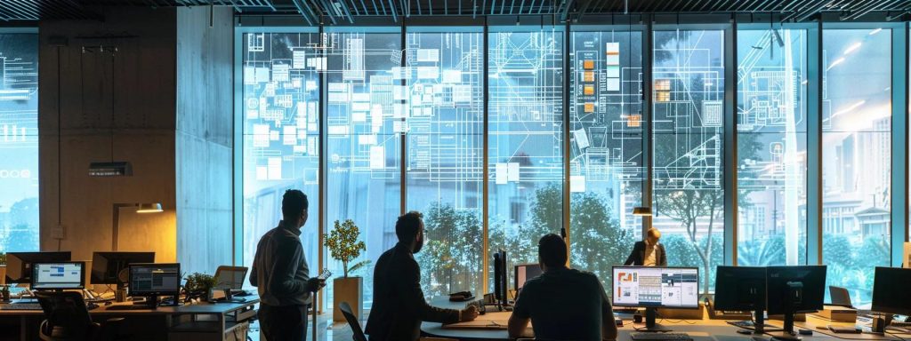 a modern construction office bustling with activity, showcasing professionals collaborating over large digital screens displaying intricate ai-generated design blueprints and data analyses.