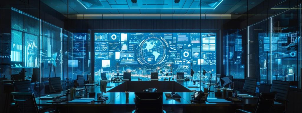 a modern office boardroom bustling with professionals engaged in an intense strategy session, featuring vibrant charts and project timelines displayed on digital screens, evokes a sense of urgency and accountability in project management.