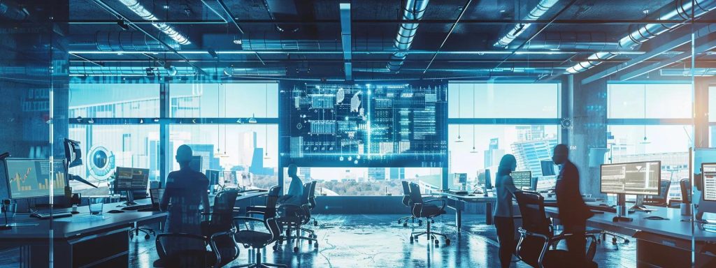 a modern office conference room bustling with professionals engaged in dynamic discussions, surrounded by architectural blueprints and digital screens showcasing advanced design renderings and project management tools.