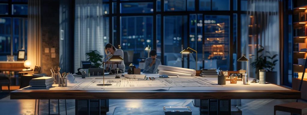 a modern office environment showcases an architecture team collaborating over intricate blueprints on a sleek table, illuminated by ambient lighting that highlights their innovative designs and sustainable materials.