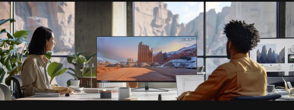 a modern office environment showcases a collaborative team of diverse professionals engaged with advanced digital tools, analysing construction designs on sleek screens while discussing sustainable practices and innovative solutions for future project delivery.