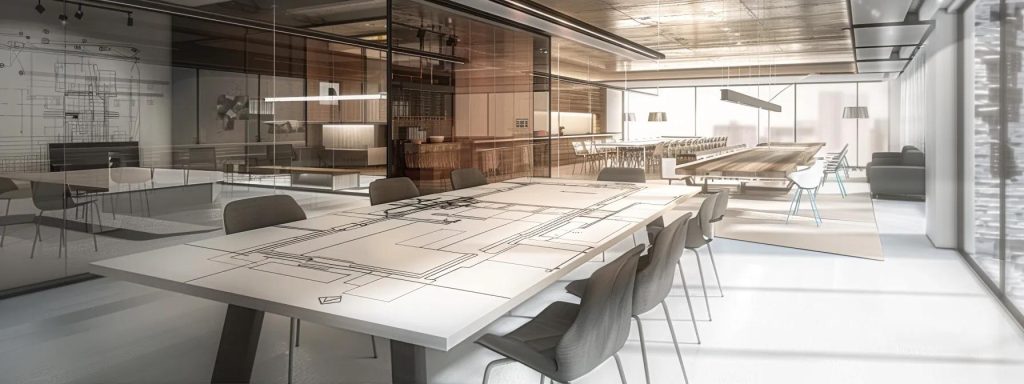 a modern office interior featuring a sleek conference table surrounded by architects engaged in a collaborative discussion, with architectural plans and digital design tools displayed prominently, highlighting the critical steps in selecting the right architect.