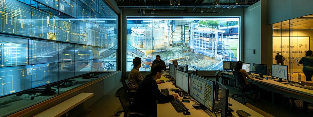 a modern office interior showcases a collaborative design and build meeting, featuring a diverse team of professionals engaged in animated discussions over detailed architectural blueprints and digital models displayed on large screens, highlighting the efficiency of integrated project management.