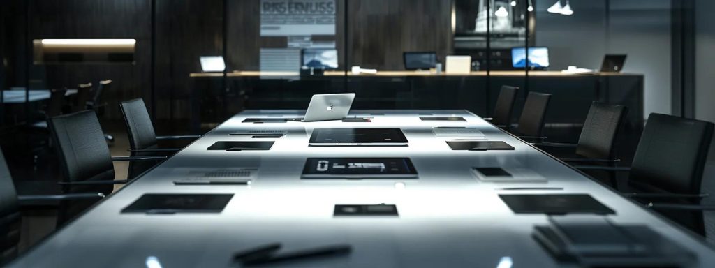 a modern office space features a sleek conference table surrounded by architectural portfolios and digital tablets, illuminated by focused lighting, as clients discuss and evaluate testimonials while building a shortlist of architecture firms in cardiff.