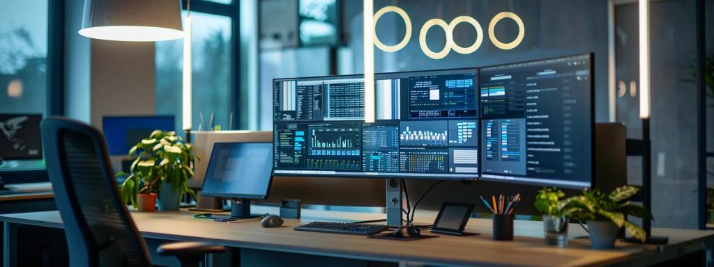 a modern office space showcasing an innovative ai-driven design workstation, featuring sleek digital screens and sophisticated software interfaces, illustrating the seamless integration of technology into project workflows for the construction industry.