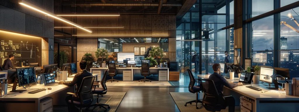 a modern office workspace in cardiff, featuring focused architectural technologists collaborating intently over blueprints and 3d models, illuminated by sleek overhead lighting that highlights their precision and professionalism in turning innovative designs into structural realities.