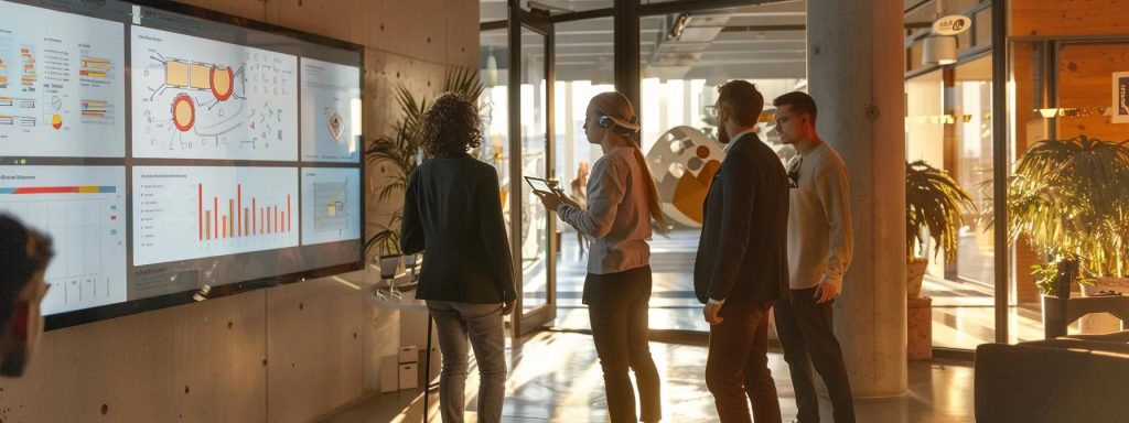 a modern, sleek office environment showcases a dynamic group of professionals engaged in a virtual reality walkthrough, surrounded by holographic design elements and feedback charts, capturing the essence of collaborative refinement in innovative technology.