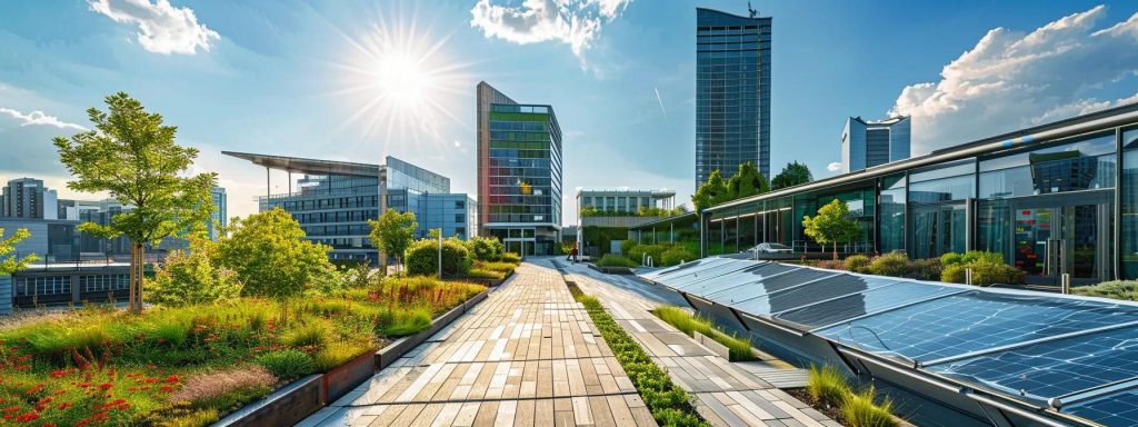 a modern urban landscape in cardiff showcases innovative green buildings featuring solar panels, green roofs, and eco-friendly retrofits, highlighting the city&rsquo;s commitment to sustainability and energy efficiency in architecture.