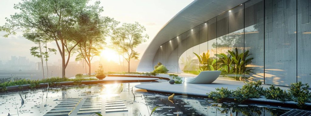 a sleek, futuristic living space showcases innovative house design trends with a seamless blend of smart technology and sustainable materials, featuring solar panels, a green roof, and large energy-efficient windows, all set against a minimalist urban backdrop.