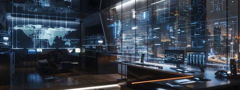 a sleek, high-tech office filled with futuristic design software interfaces and digital blueprints on transparent screens, showcasing the innovative integration of ai in construction design.