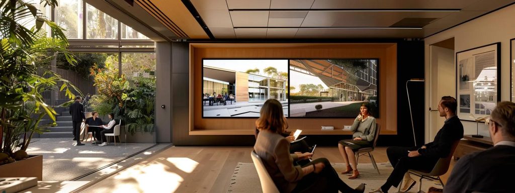 a sleek, modern architect's office featuring a large digital screen displaying an interactive virtual walkthrough of a contemporary building design, with a group of engaged clients discussing and providing feedback in a collaborative atmosphere.
