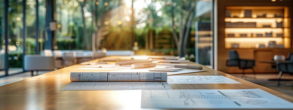 a sleek, modern architect's office in cardiff showcasing blueprints and design models on a polished conference table, with an emphasis on sustainable materials and innovative technology, reflecting the clarity and precision of project scope planning.