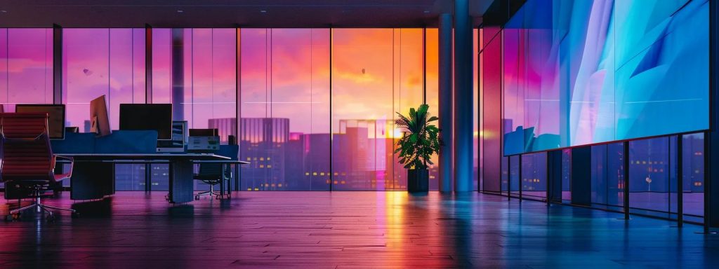 a sleek, modern architectural office with innovative design elements, featuring digital screens displaying smart technology and sustainable building concepts, exuding a vibrant atmosphere of collaboration and creativity.