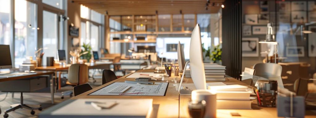 a sleek, modern architectural office filled with detailed blueprints and sophisticated design models, showcasing the intricate phases of architectural services through a concise arrangement of stylish furniture and advanced technology, illuminated by warm, ambient lighting.