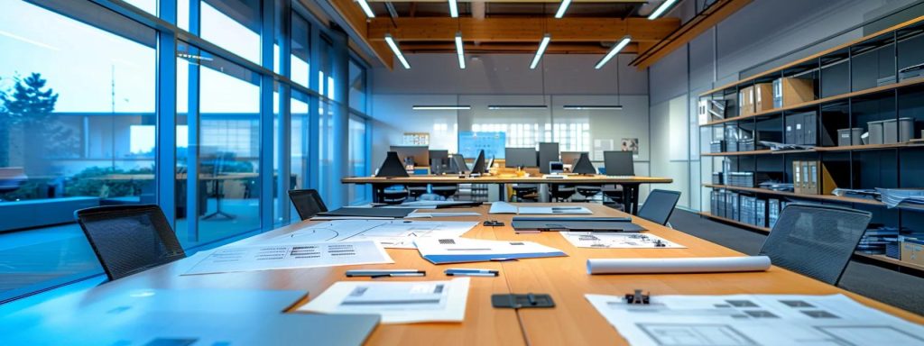 a sleek, modern architectural office with large, polished tables displaying intricate design blueprints, vibrant mood boards, and sophisticated 3d models, illuminated by warm, ambient lighting that fosters creativity and collaboration.