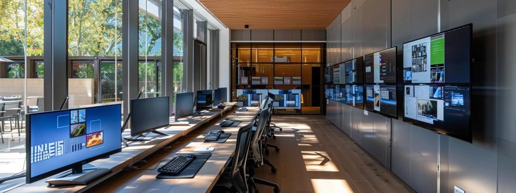 a sleek, modern architectural office filled with advanced computer screens displaying ai-driven architectural designs and simulations, highlighting the dynamic integration of technology in contemporary design processes.