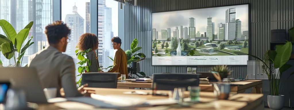 a sleek, modern architectural office equipped with advanced ai and vr technology, showcasing a dynamic team engaged in a vibrant discussion while interactive 3d models of sustainable designs are projected on large screens.