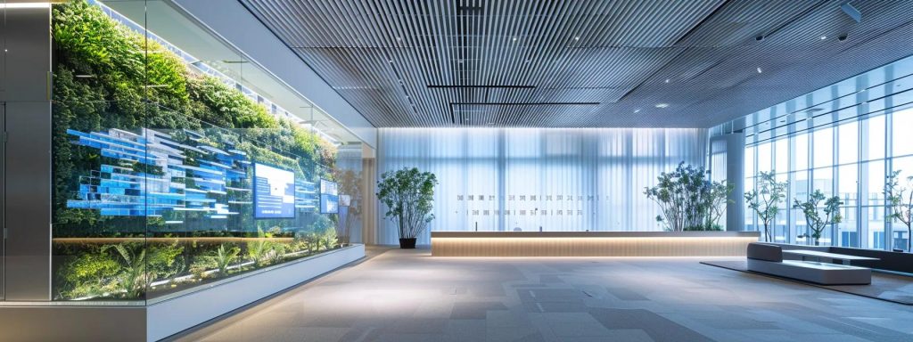 a sleek, modern architectural office interior showcases a large interactive display highlighting cutting-edge sustainable design trends, with a backdrop of striking models featuring solar panels and climate-responsive cladding under bright, focused lighting.
