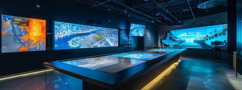 a sleek, modern architectural office in cardiff, featuring a digital display of design plans and vibrant models on the sleek conference table, illuminated by bright overhead lights, conveys the dynamic and comprehensive range of architectural services offered.