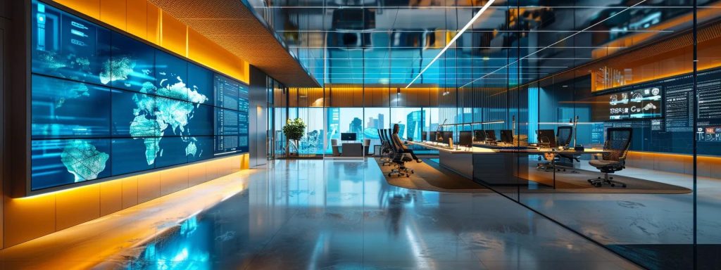 a sleek, modern architectural office filled with large digital screens displaying immersive vr designs, where a diverse team of architects collaborates around a high-tech table, illuminated by dynamic, ambient lighting that enhances the scene&rsquo;s innovative atmosphere.