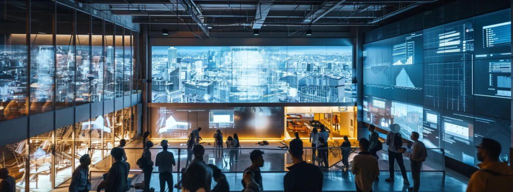 a sleek, modern construction site bustling with professionals collaborating over digital designs on large screens, showcasing the integration of technology and innovative procurement methods in the uk construction industry.