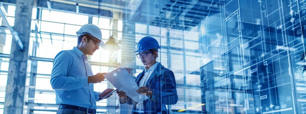 a sleek, modern office conference room filled with professionals engaged in a focused discussion over blueprints and digital tablets, vividly conveying the decisive moment of choosing between design and build methods for a construction project.