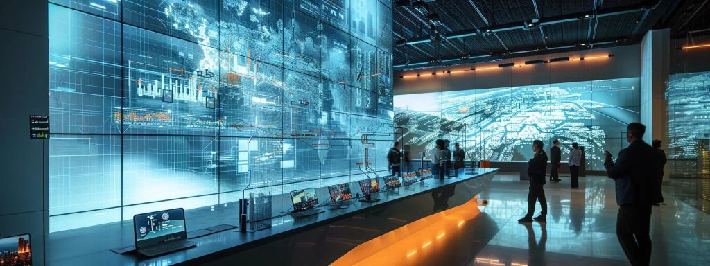 a sleek, modern office environment showcases a vibrant digital display of intricate 3d architectural models, illuminated by dynamic, multi-coloured lighting that enhances the realistic textures and spatial dimensions of the virtual designs.