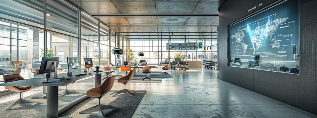 a sleek, modern office environment showcases a virtual reality headset and a digital interface, emphasising the fusion of ai and expert design in creating cutting-edge house plans with immersive technology.