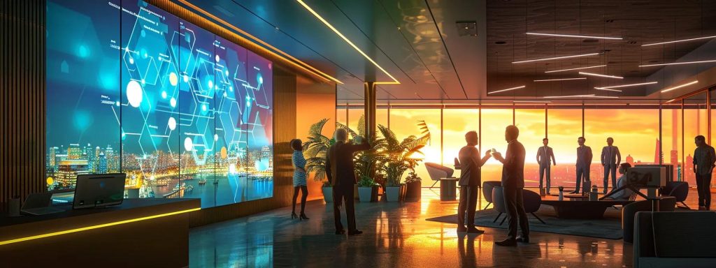 a sleek, modern office environment features a large interactive screen displaying a vibrant vr walkthrough simulation, surrounded by engaged team members pointing and discussing the intricate design details, all illuminated by focused, artificial lighting creating a professional atmosphere.