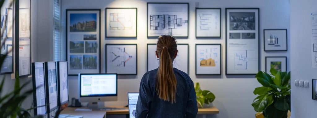 a sleek, modern office interior showcases a confident architect presenting a detailed project plan, with framed credentials prominently displayed on the walls, signifying expertise and local knowledge of cardiff's architectural landscape.