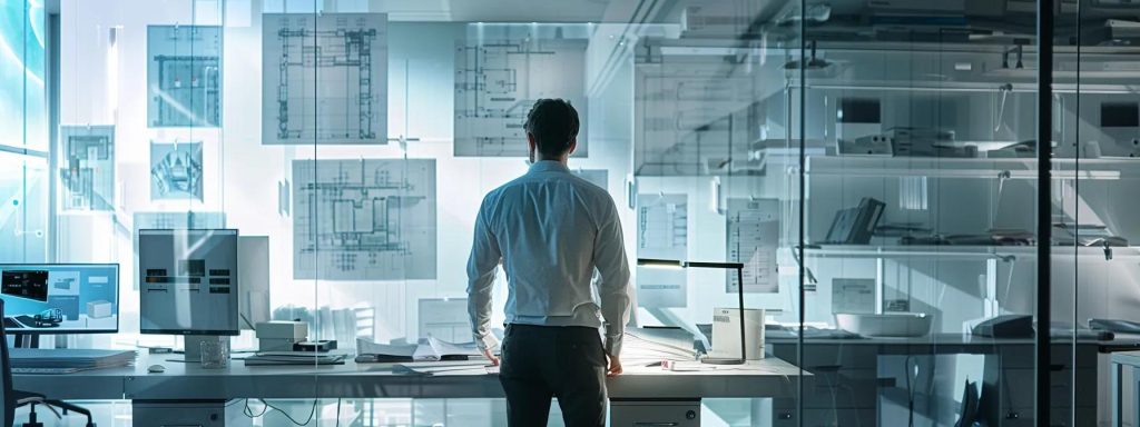 a sleek, modern office interior in cardiff features an architect engaged in a dynamic consultation with a client, surrounded by advanced digital design tools and blueprints showcasing innovative residential concepts.