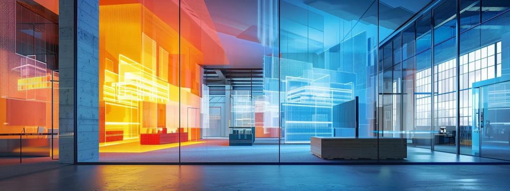 a sleek modern office space showcases architects and ai technology collaborating on a digital design, with vibrant projected 3d models of innovative buildings illuminating the room's minimalist d&eacute;cor.