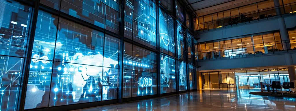 a sleek modern office space in cardiff showcases a digital design presentation on a large screen, highlighting the innovative architectural plans created by technologically adept residential architects.