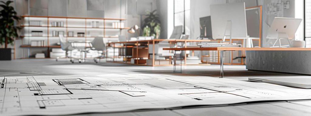 a sleek, modern office space featuring architectural blueprints and cutting-edge design tools, where a dynamic team collaborates on innovative sustainable projects, reflecting a commitment to contemporary aesthetics and advanced technology.