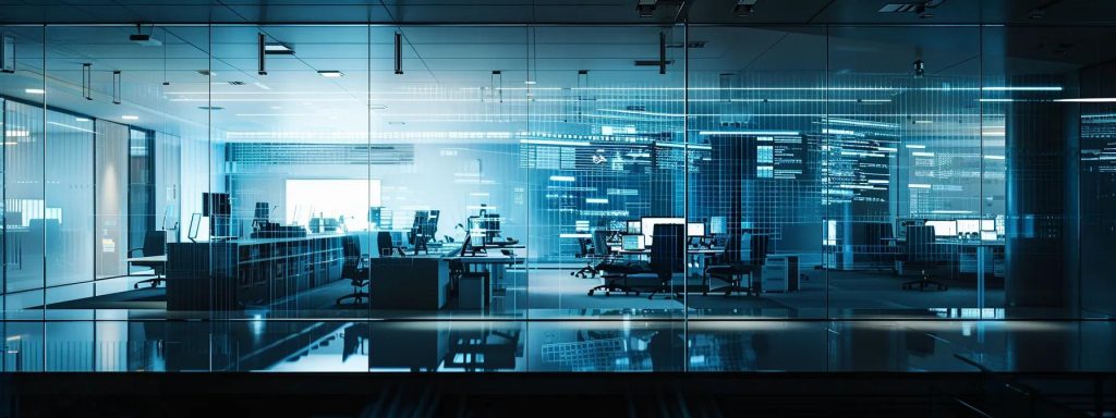 a sleek, modern office space filled with high-tech design tools and digital screens displaying intricate architectural plans, embodying the evolution of design practices in the construction sector.