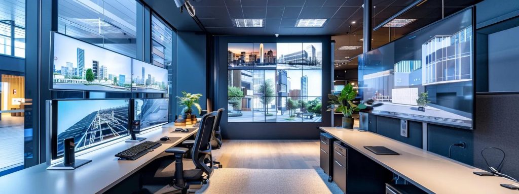 a sleek, modern office space with large monitors displaying intricate 3d architectural models and virtual walkthroughs, illuminated by bright, focused lighting, conveying the cutting-edge integration of vr technology in project development.