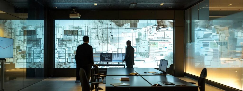 a sleek, modern office space in cardiff features an architect presenting a meticulously detailed proposal to a client, with architectural plans and digital design models displayed on a high-tech screen, capturing the essence of collaboration and innovative design in a professional setting.