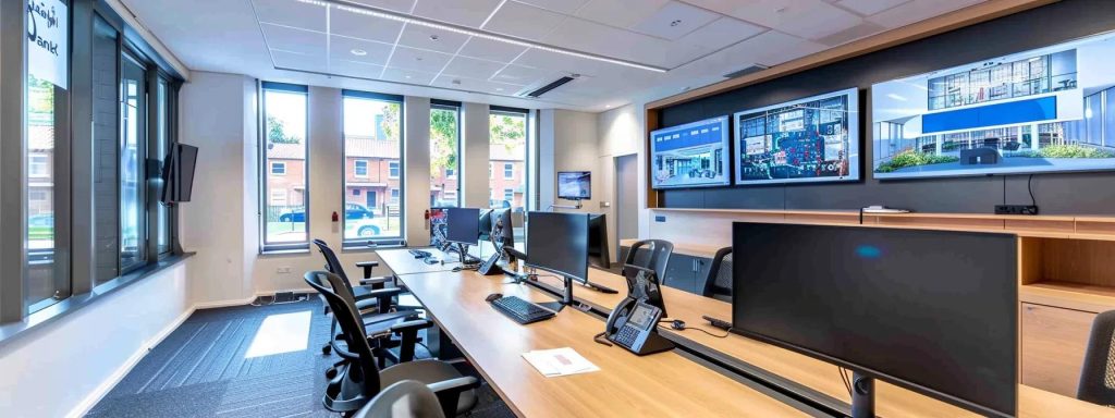 a sleek, modern office space featuring advanced virtual reality displays and architectural blueprints, showcasing the innovative design process of jamatek design studio in cardiff, where technology and creativity converge seamlessly.