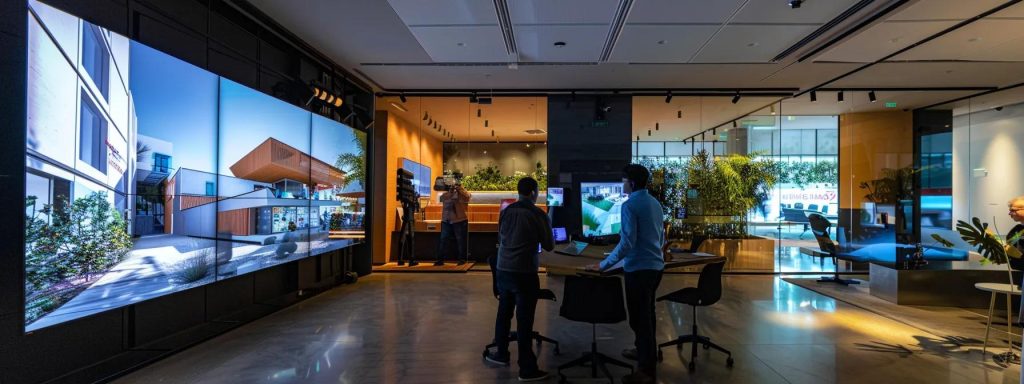 a sleek, modern office space showcasing a large digital screen displaying an immersive vr architectural walkthrough, with professionals engaged in collaborative discussion around high-resolution 3d models, illuminated by strategic lighting to highlight the innovative technology at play.