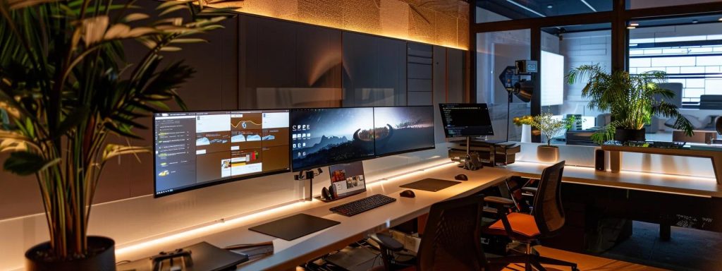 a sleek, modern office with dual monitors displaying intricate 3d models of a virtual reality environment, illuminated by dynamic led lighting, showcasing developers actively collaborating on creating an immersive vr walkthrough experience.